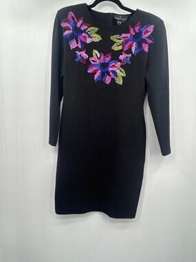 Carole Little Beaded Floral Dress Medium Black Shoulder Pads Artsy 90s Party